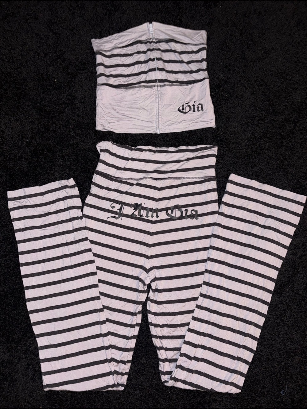 I AM GIA grey/black stripe tube top fold over flare pants set